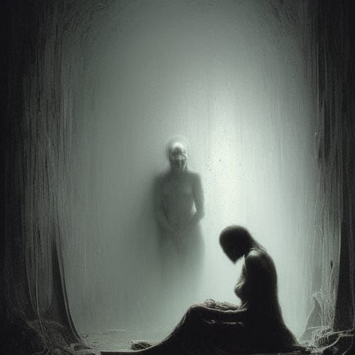 Melancholic Figure in Dark Corner, Engraving Style