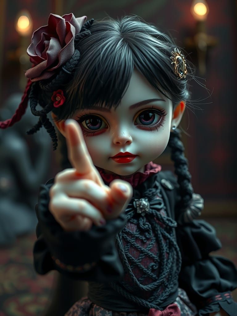 Eerie Gothic Doll Threatens, Hyperrealistic Digital Art
