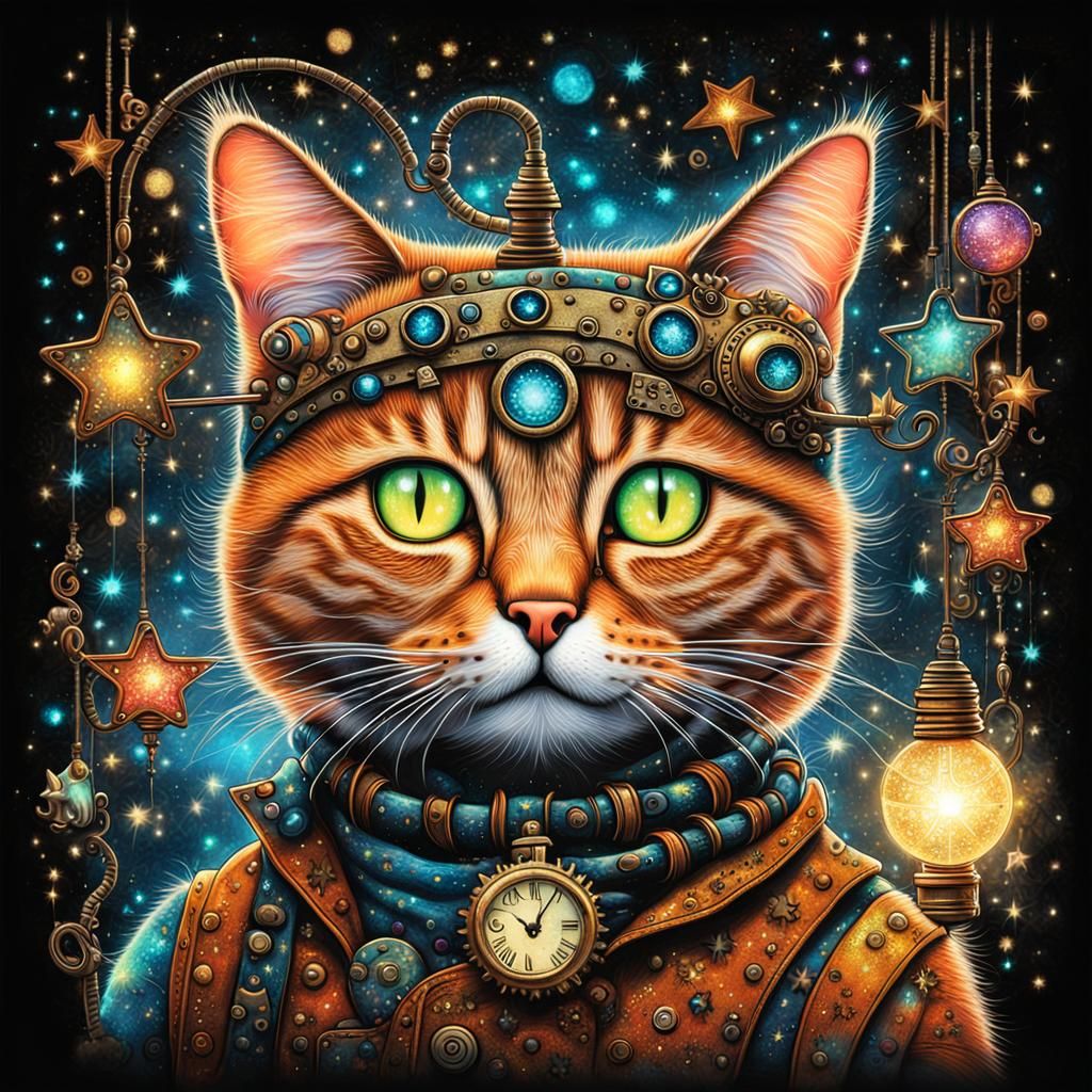 Colorful Steampunk Cat with Luminous Details