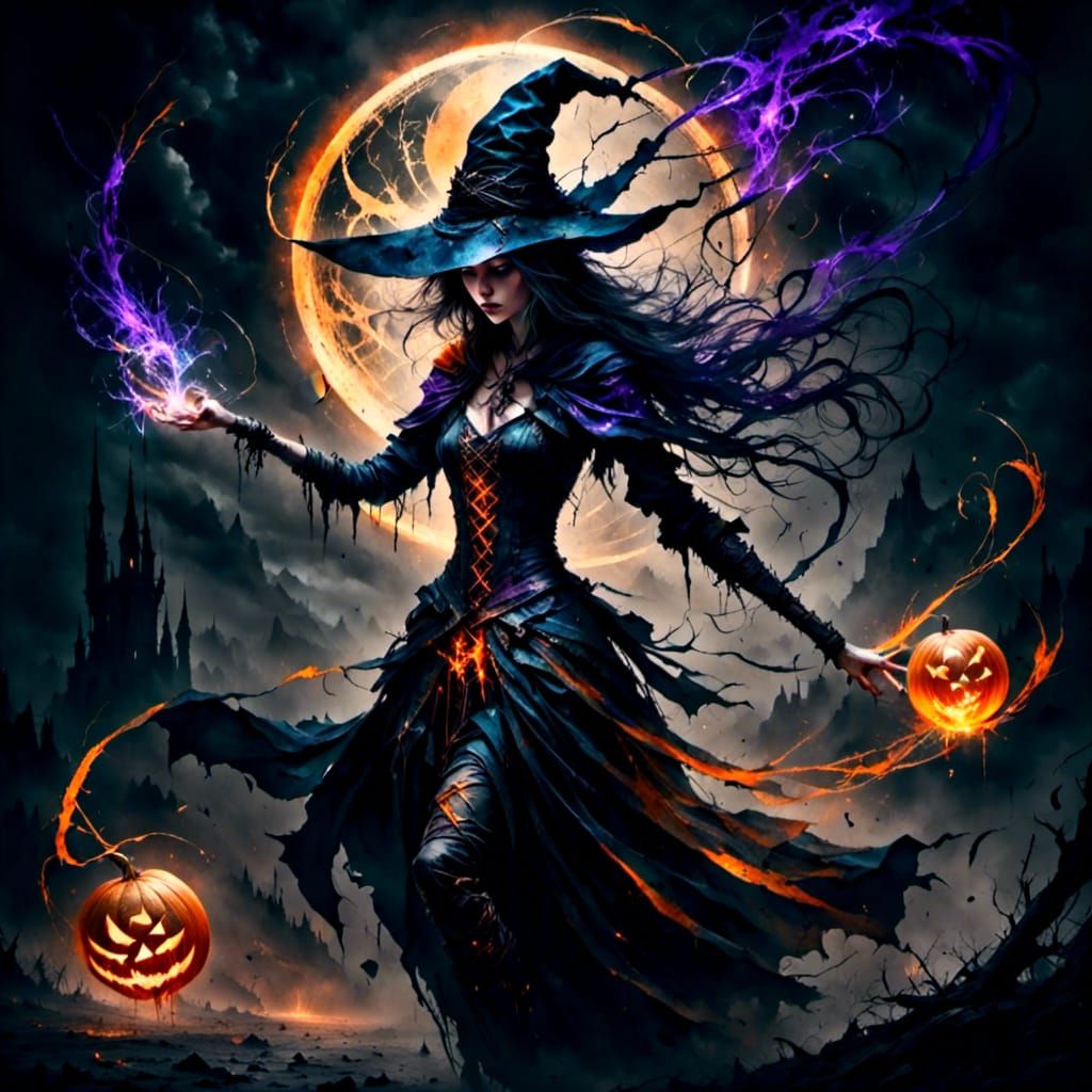Halloween Witch with Glowing Runes and Magic Orbs