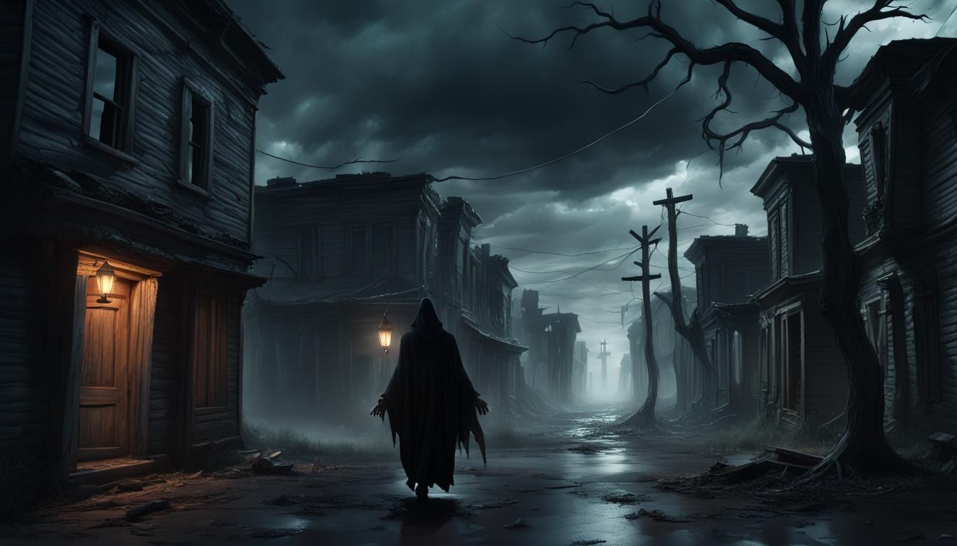 Ghostly Grim Reaper in Abandoned Town: Dark Fantasy