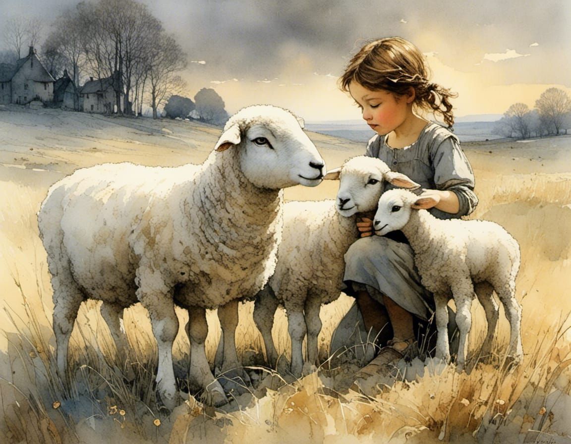 Girl Gently Petting Lamb in Morning Light