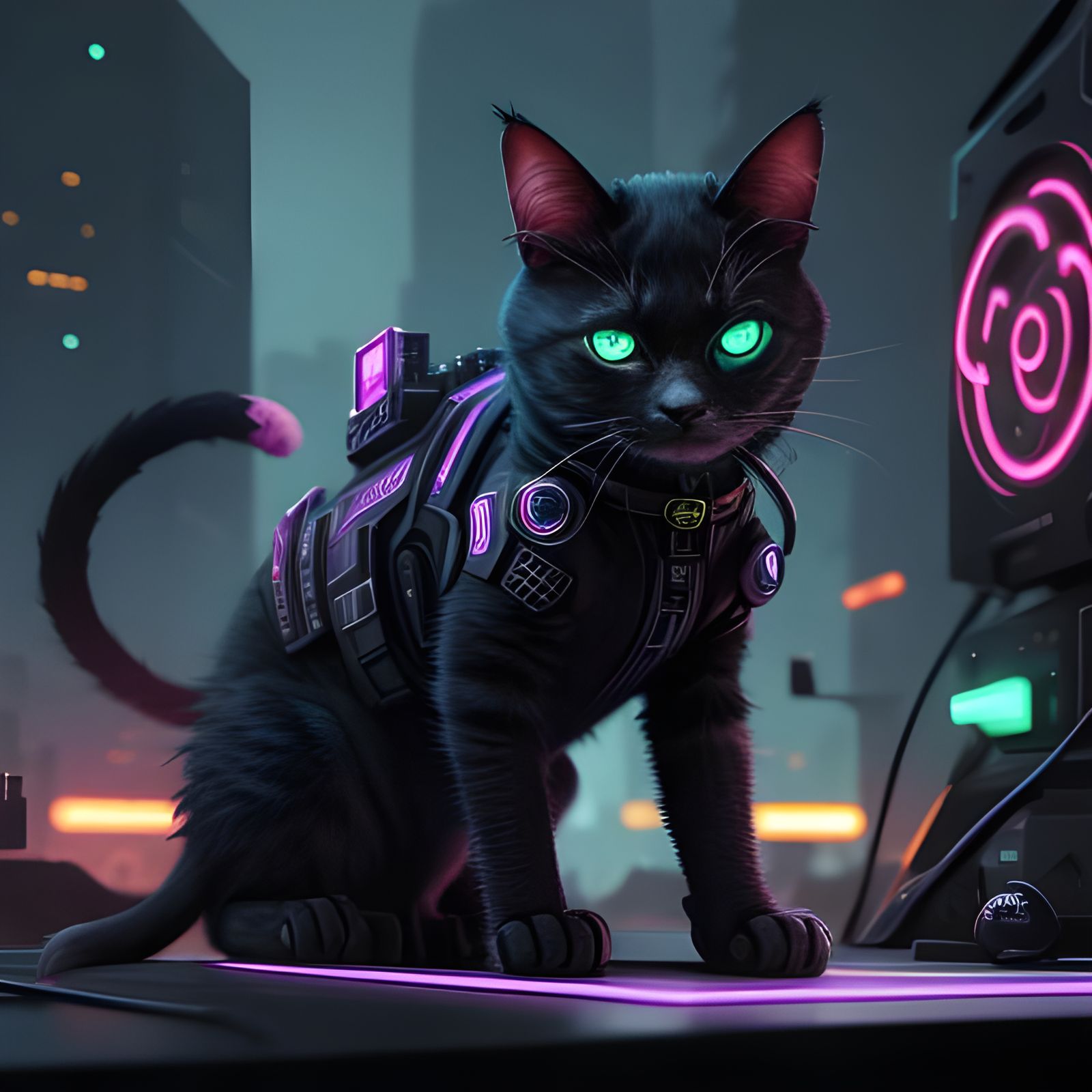 Cyberpunk Cat with Neon Skein in Detailed Matte Painting