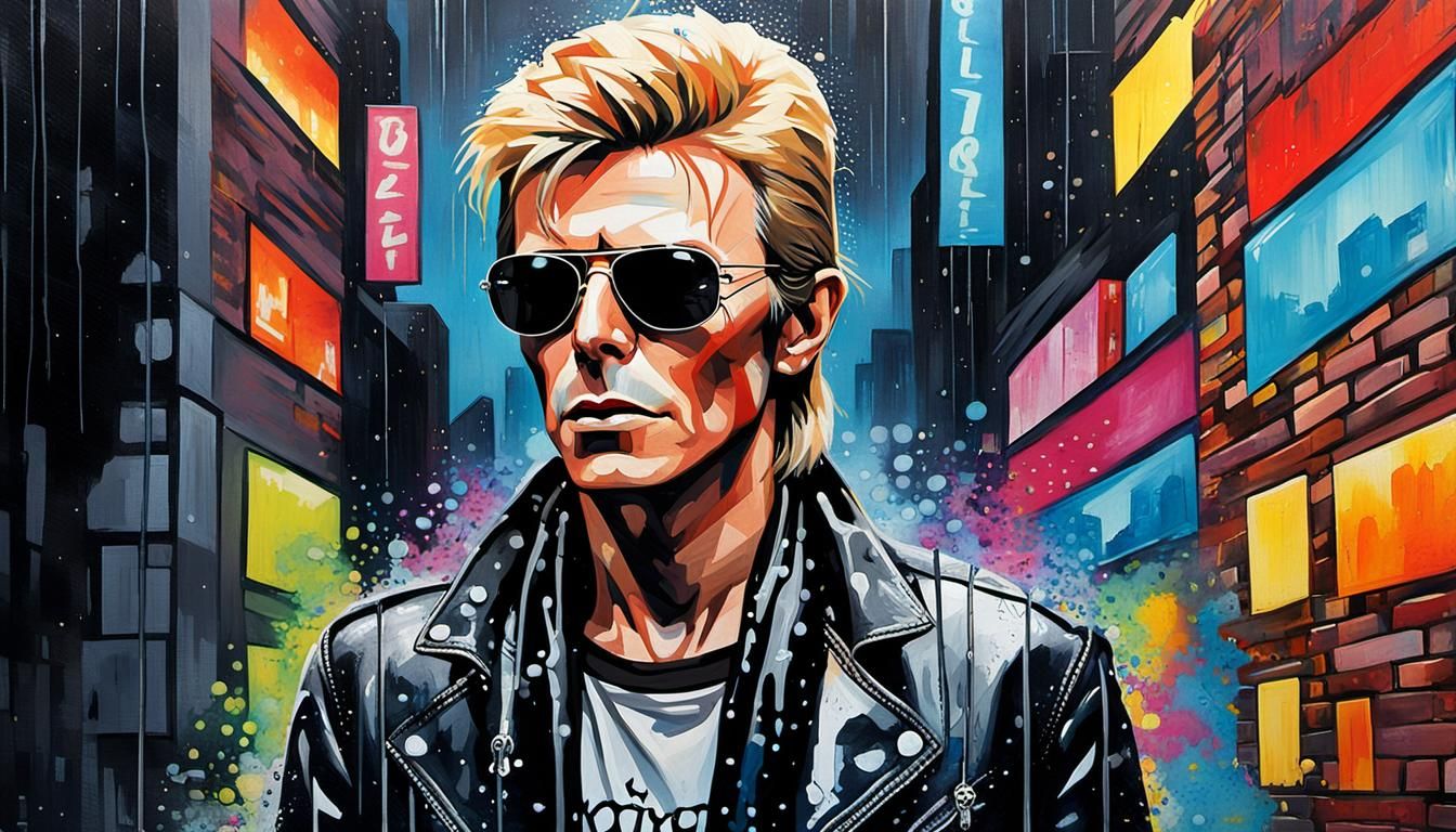 David Bowie in Rain, Acrylic and Watercolor Pop Art