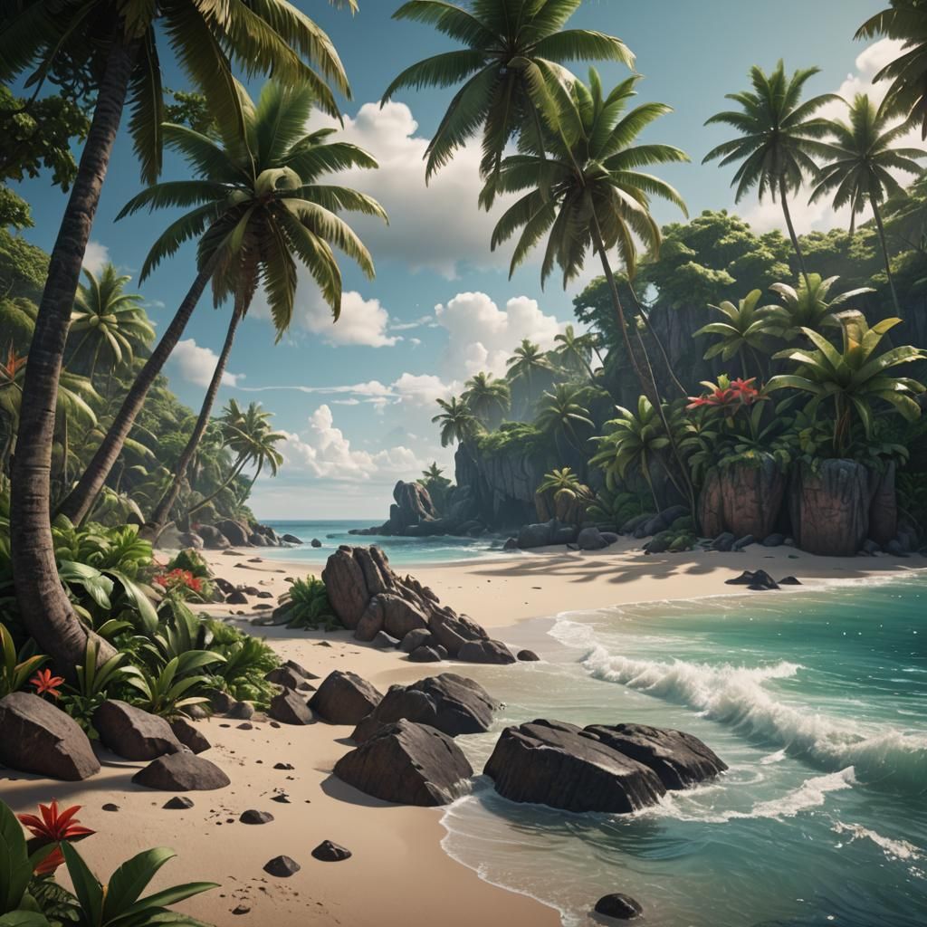 Lush Tropical Beach in Detailed Fantasy Art