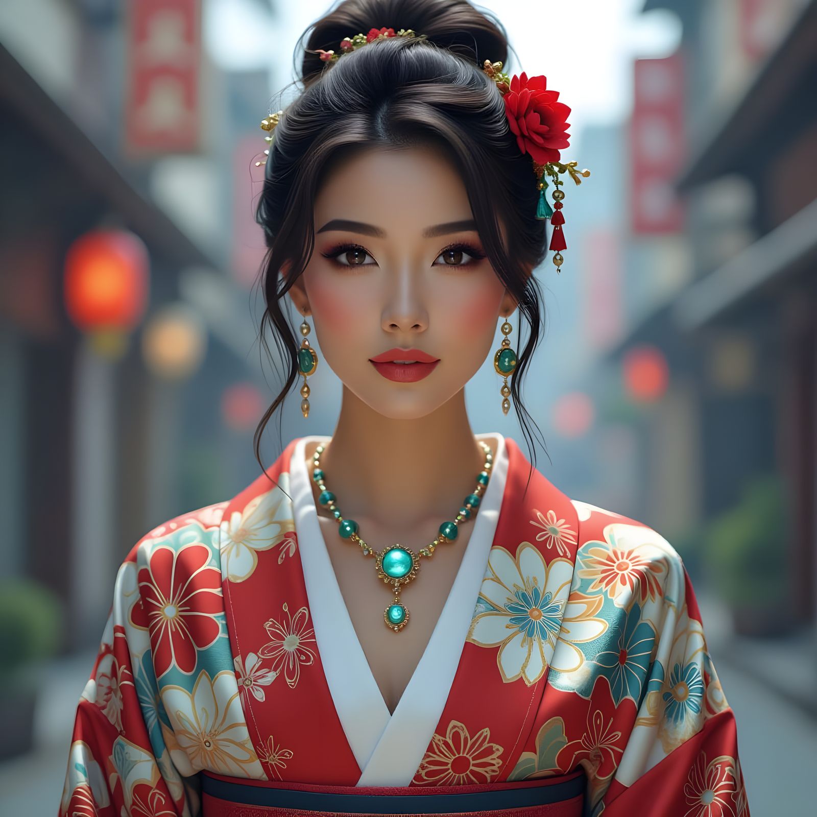 Asian Woman in Kimono with Futuristic Jewelry