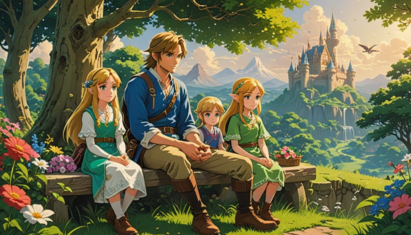 Idyllic Family Scene in a Serene Anime Landscape