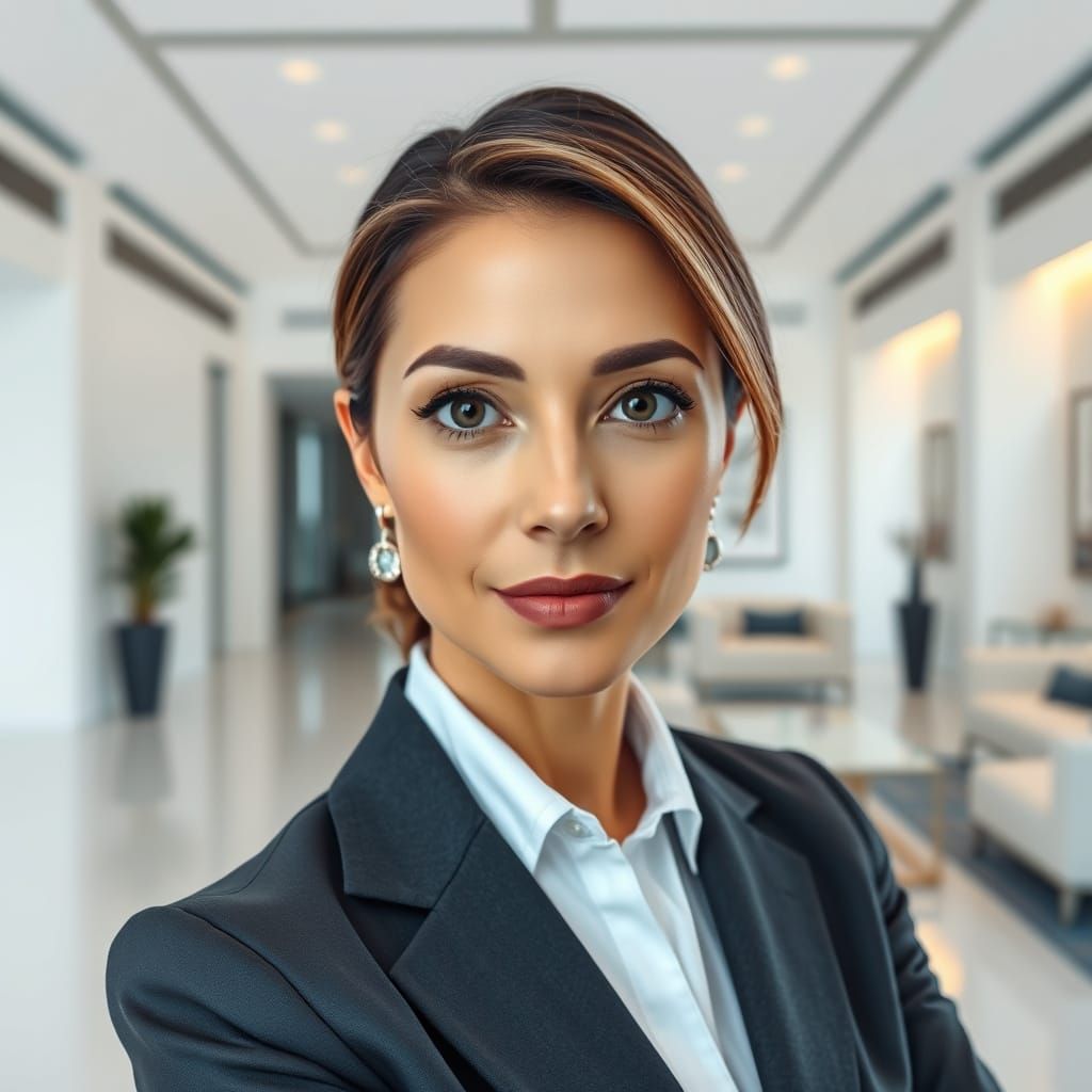 Confident Businesswoman in Minimalist White Interior