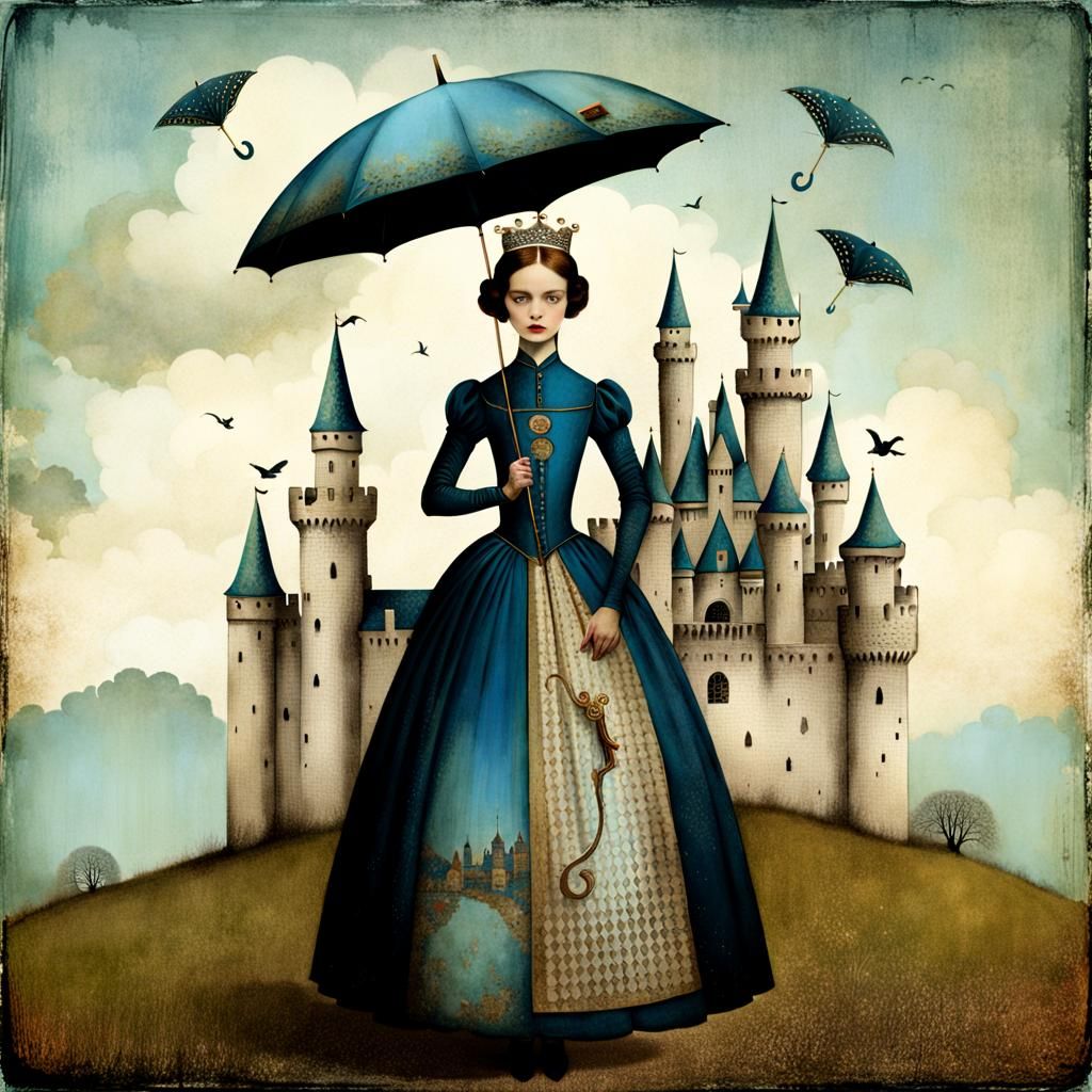 Fairytale Castle Princess with Umbrella in Collage Art Style