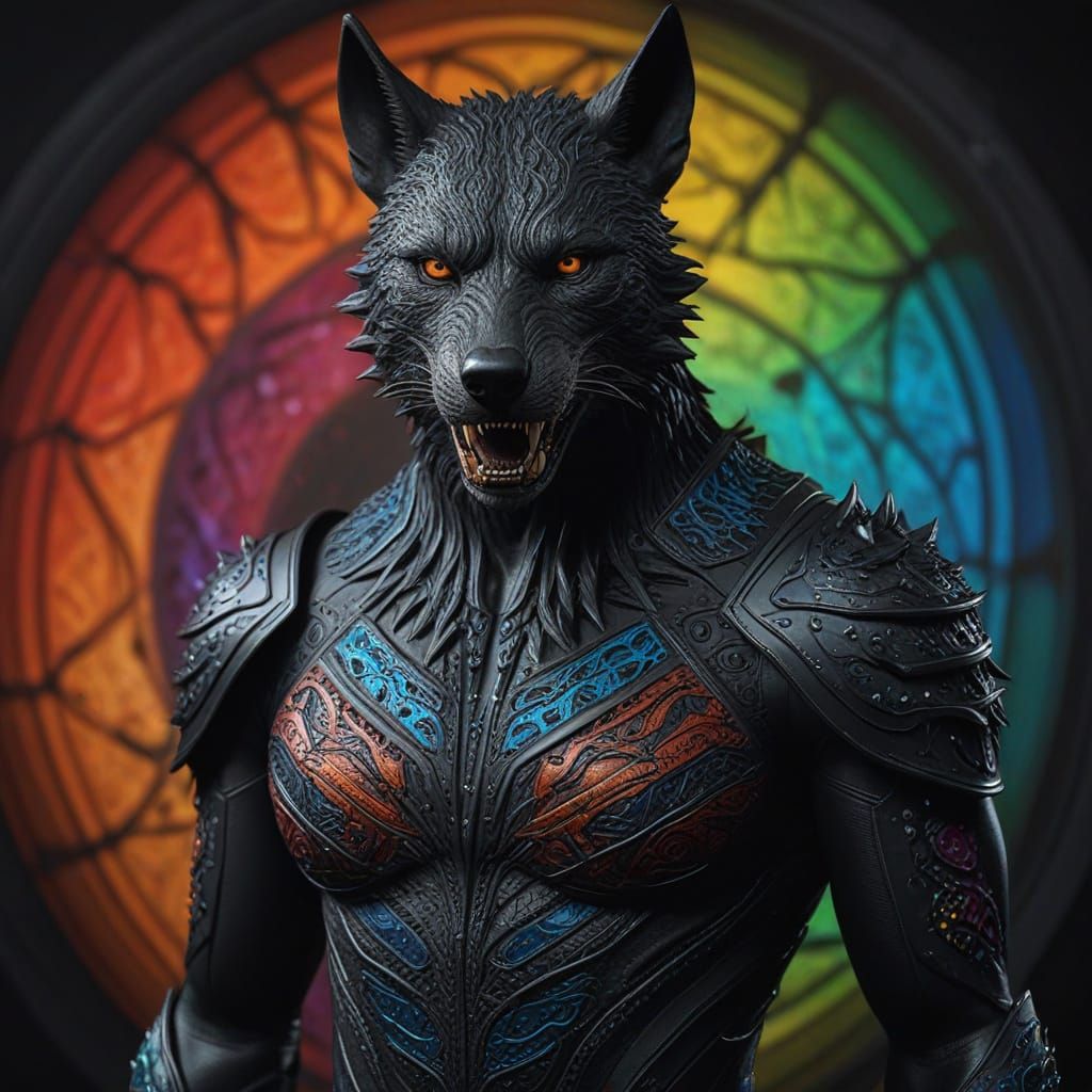 Wolven Creature in Leather Bodysuit: Splash Art Style