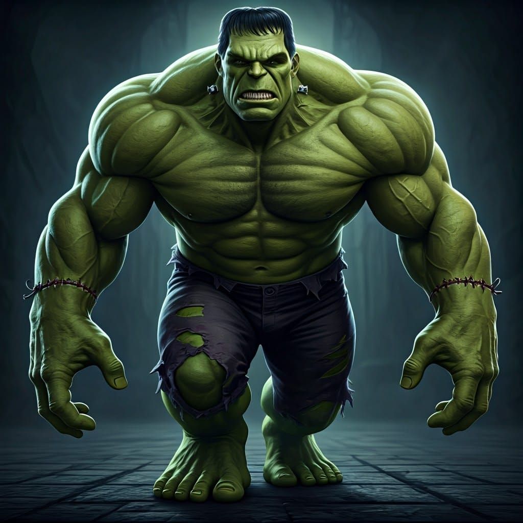 Hulk as Frankenstein's Monster in Dark Fantasy Style
