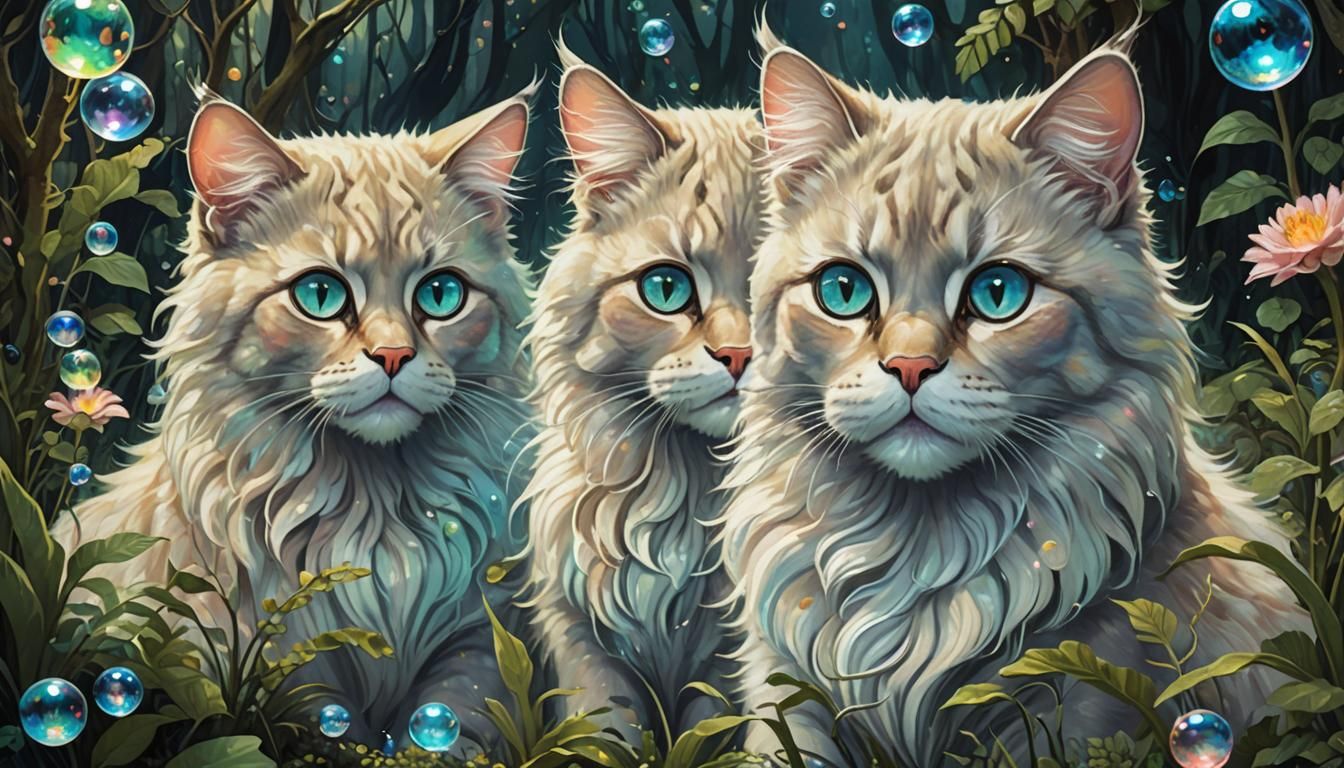 Whimsical Fantasy Cats in Bioluminescent Garden