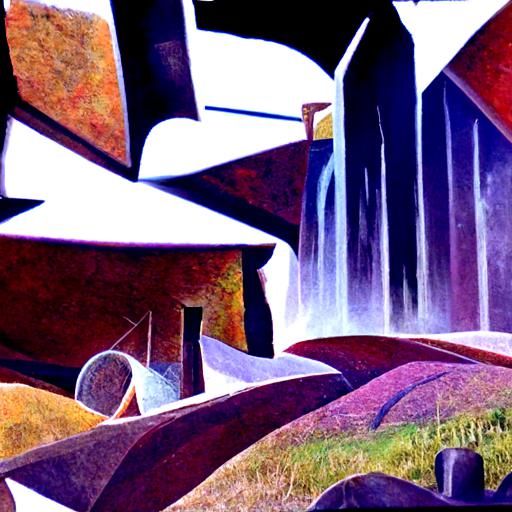 Fantasy Hills with Waterfalls: Cubist Digital Art