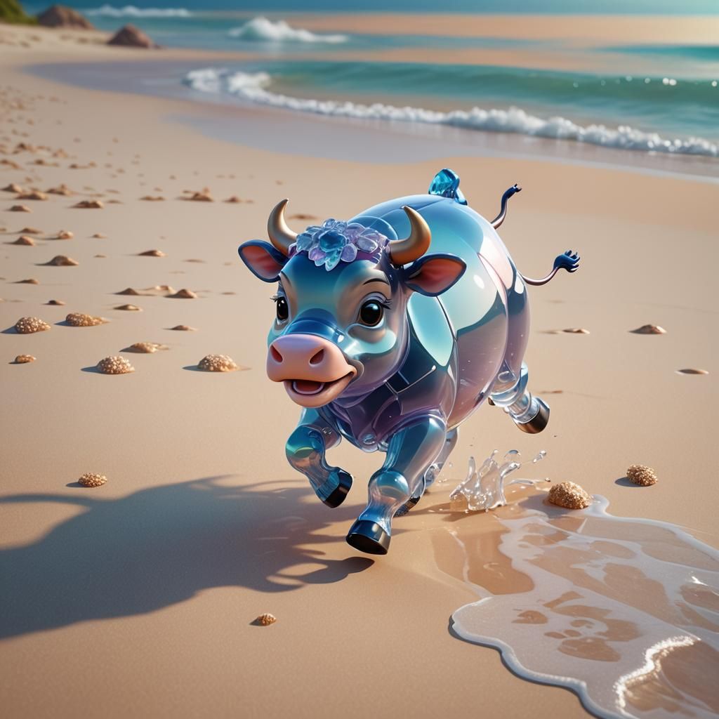 Joyful Jelly Calf Runs on Beach: 3D Digital Art