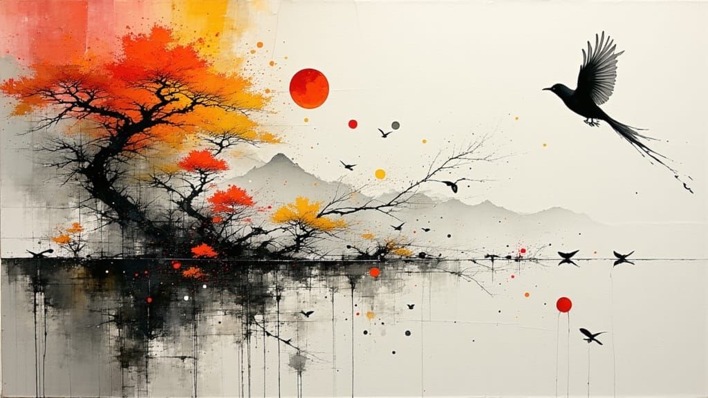 Japanese Spring Day in Ink Splash Style