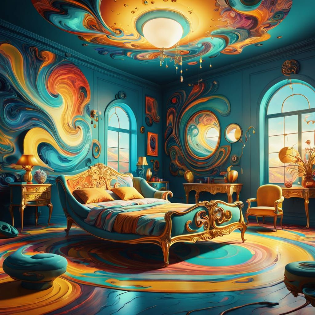 Vibrant Surrealist Chaos in a Colorful Room