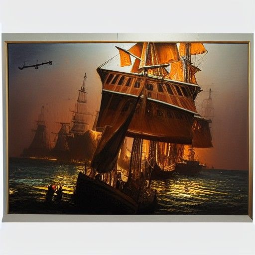 Pirate Ships in Harbor at Night, Oil Painting