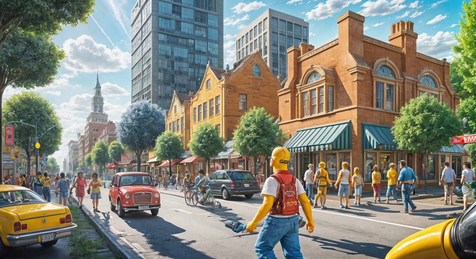 Surreal Mashup of Cartoon and Reality in a Bustling City
