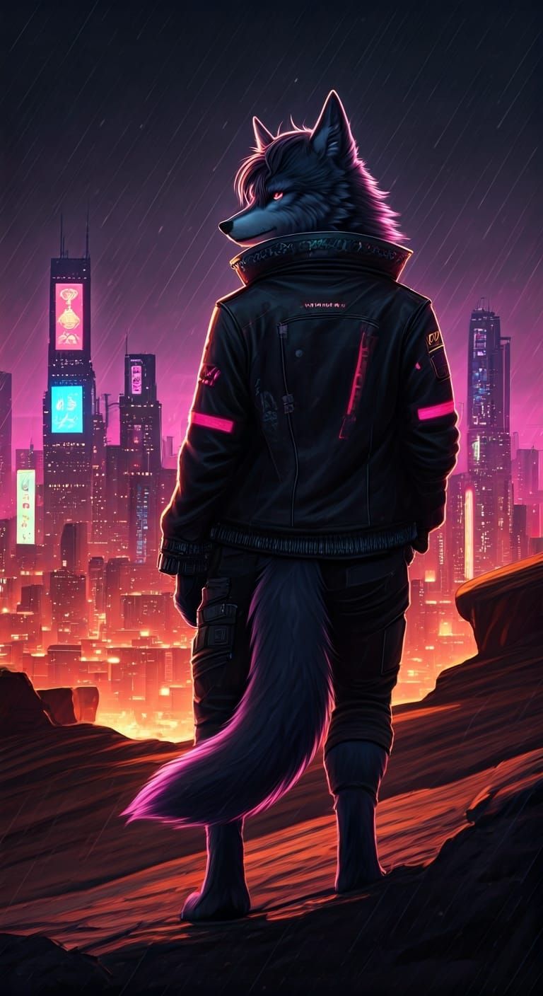 Cyberpunk Wolf on Windswept Mesa