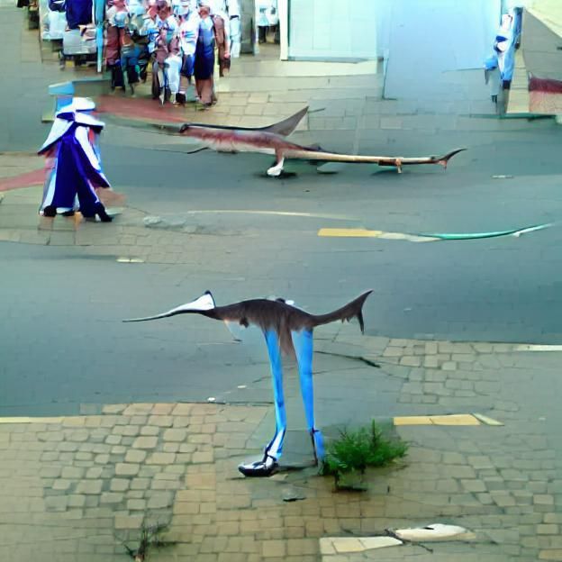 Shark on Stilts Strutting Through Town