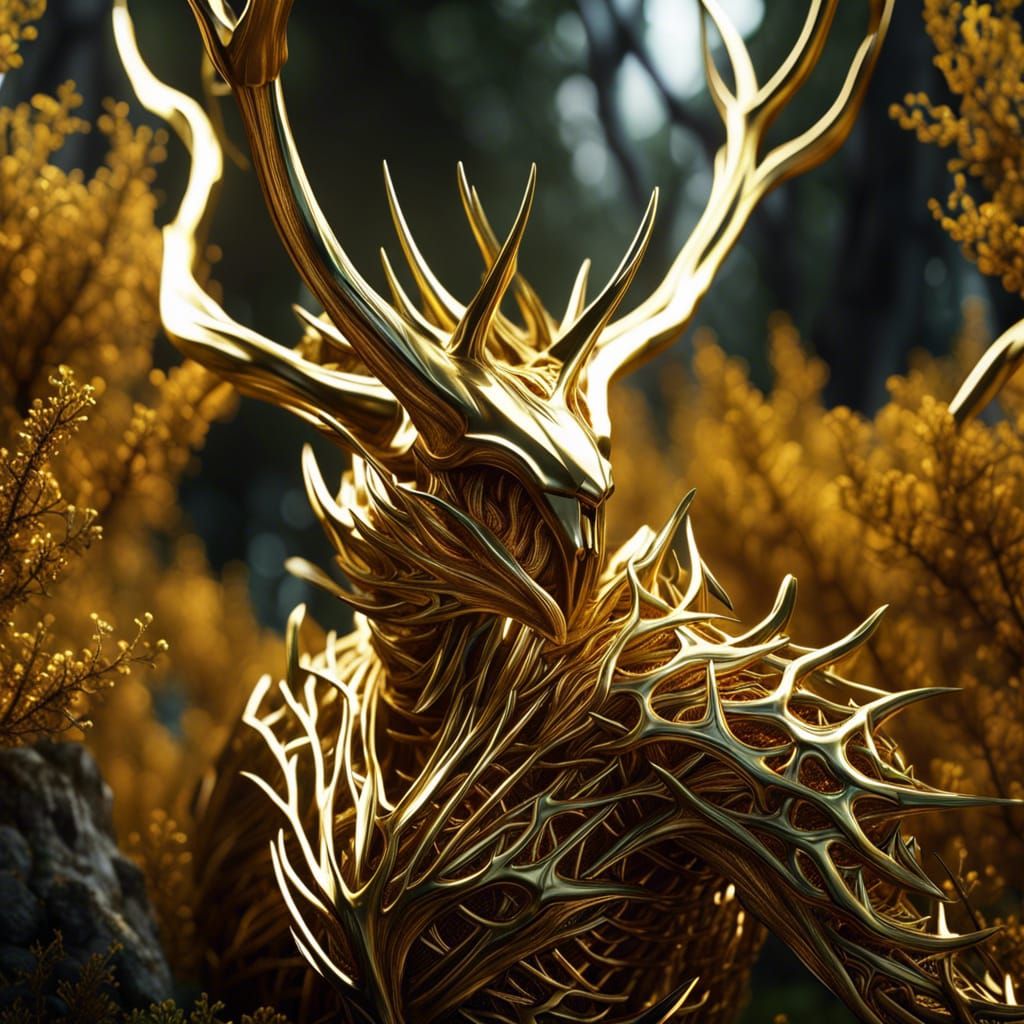 Golden Thorns Creature in Forest, 3D Render