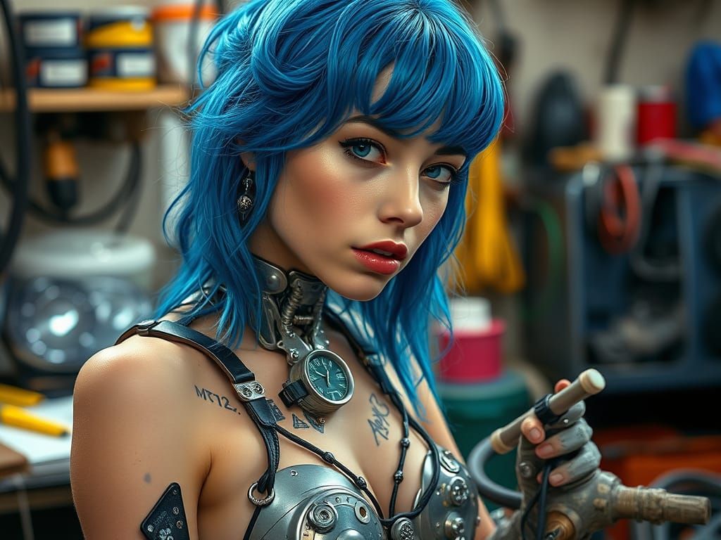 Biopunk Cyborg Engineer in Vibrant Garage