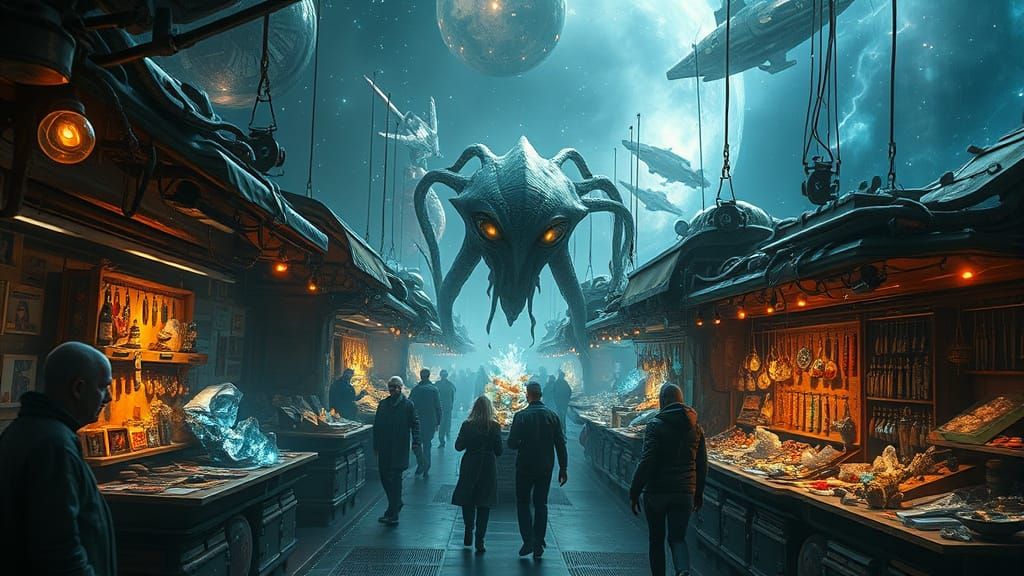 Floating Bazaar in Haunting Sci-Fi Style