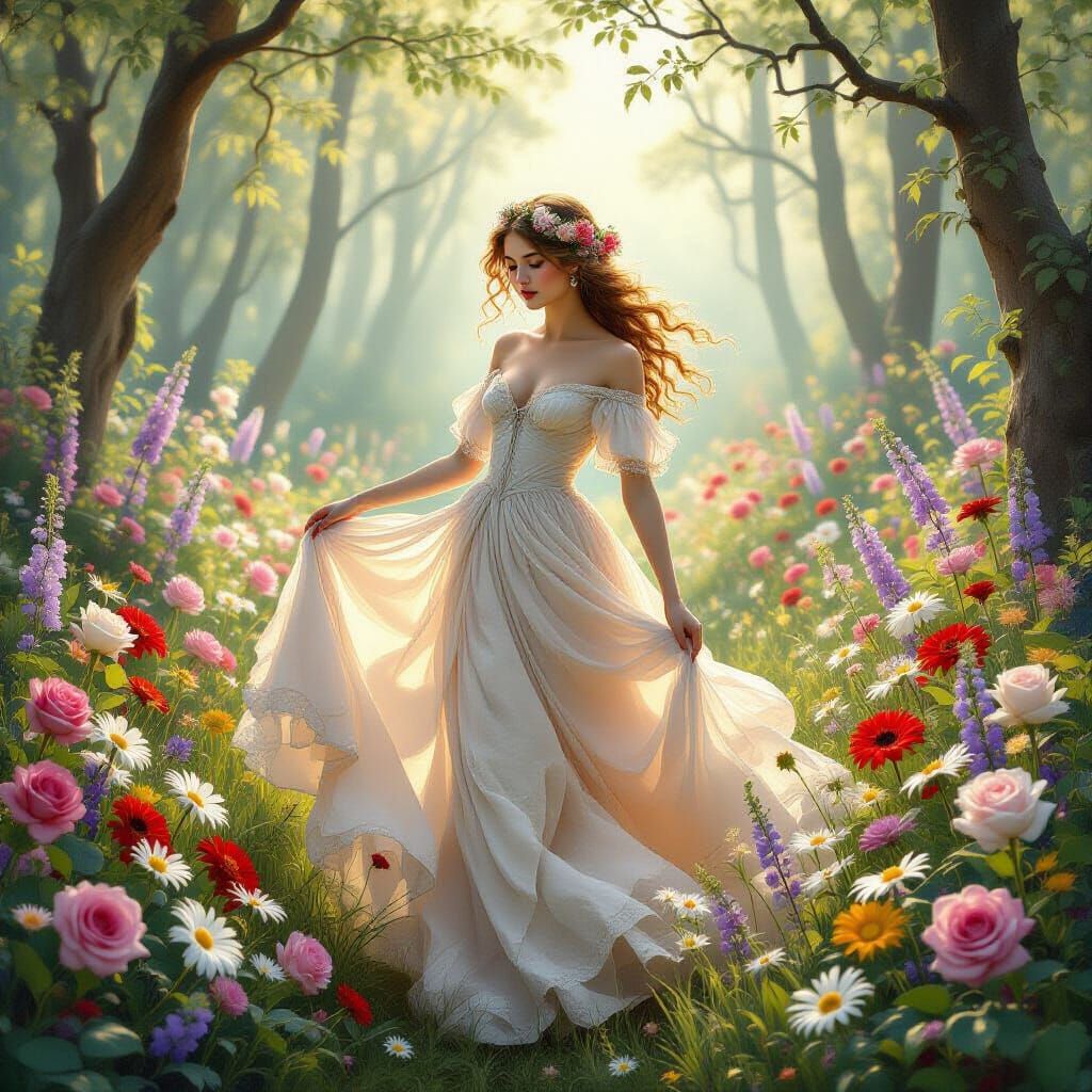Fairytale Maiden Dancing in Floral Forest
