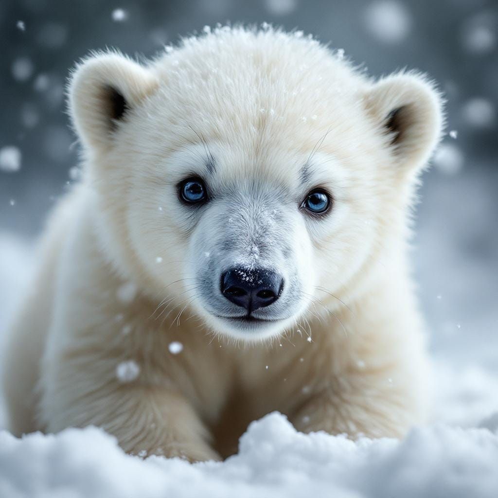 Realistic Portrait of a Polar Bear Cub in Snow