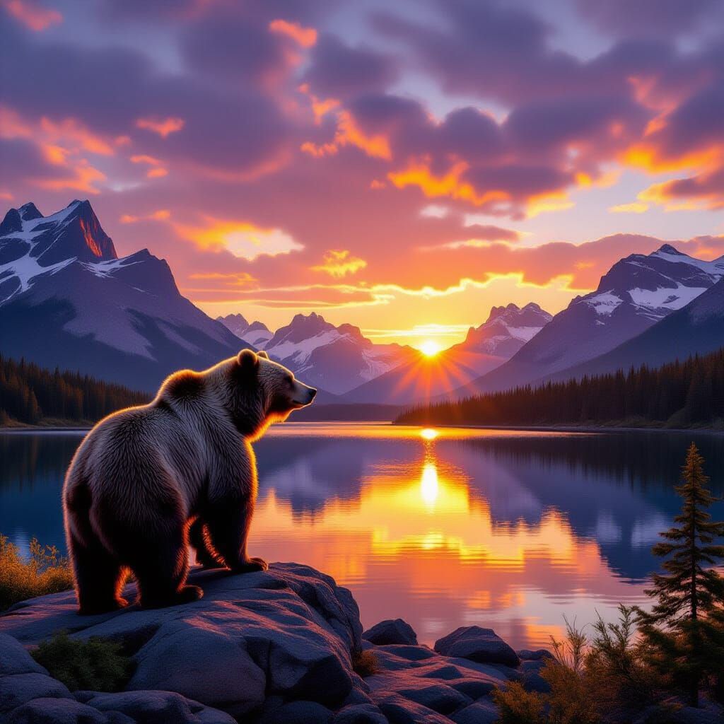 Grizzly Bear Watches Mountain Sunset Over Reflecting Lake