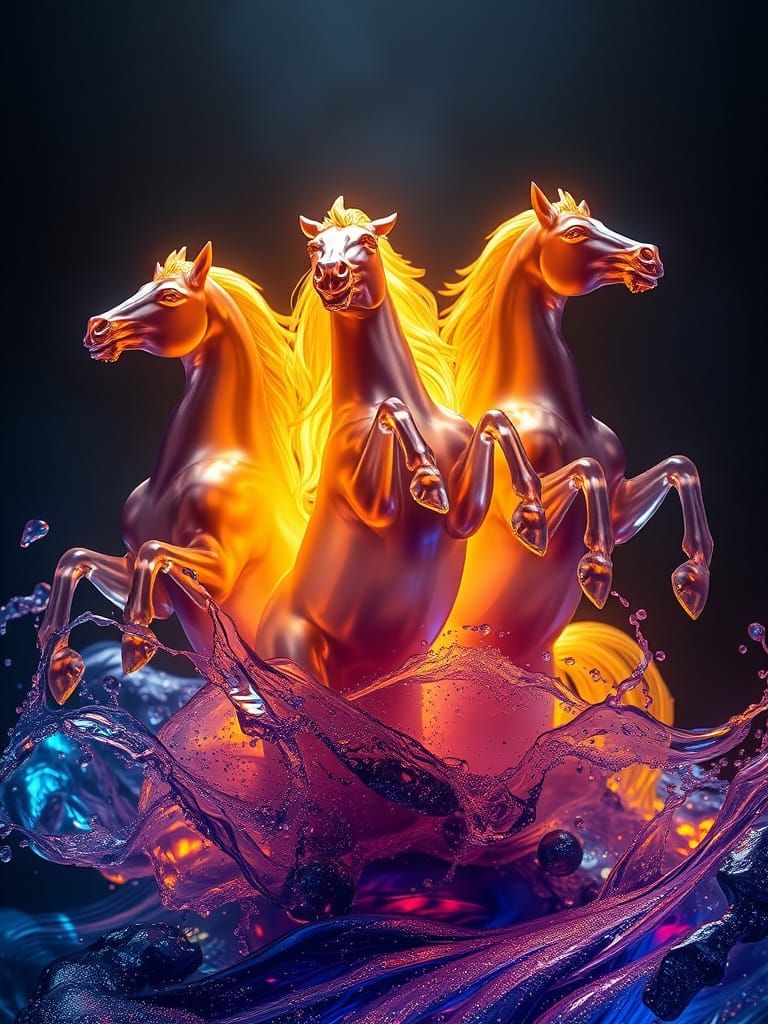 Glowing Stallions Reveal Fiery Abyss in Hyperdynamic Style