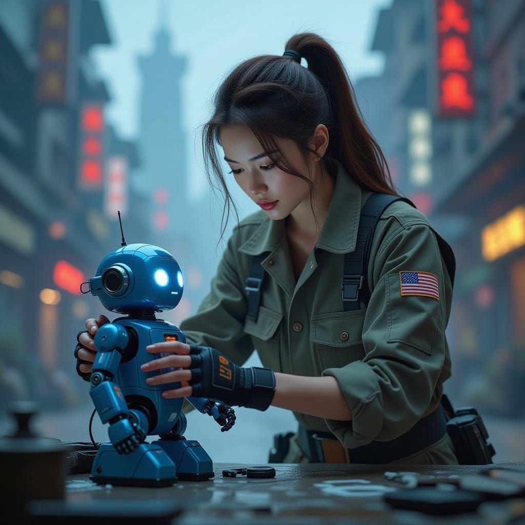 Sci-Fi Chinese Girl Repairs Robot in Futuristic Cityscape