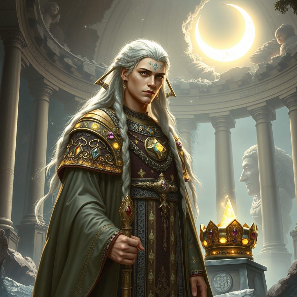 Ethereal Ayleid Priest-King Radiates Wisdom in Moonlit Templ...
