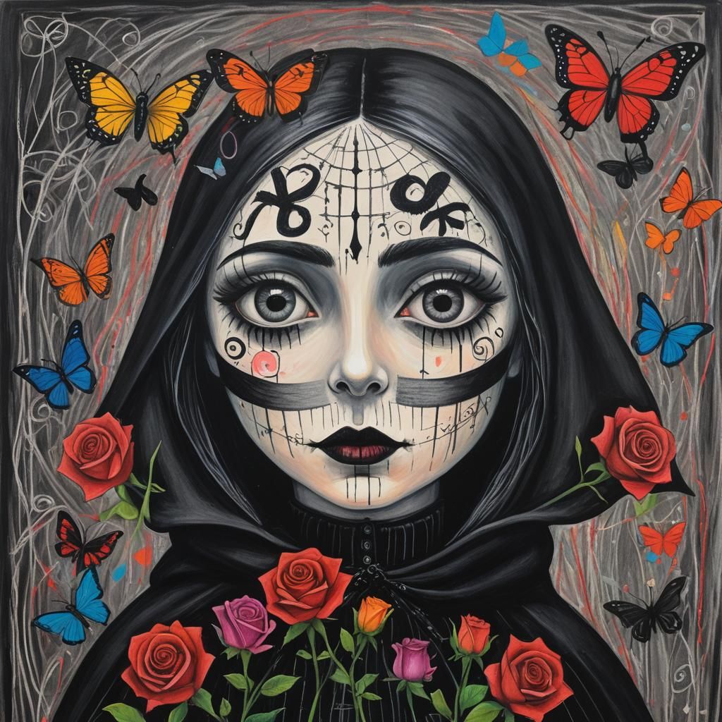 Goth Woman in Childlike Crayon Art, Surrealist Style