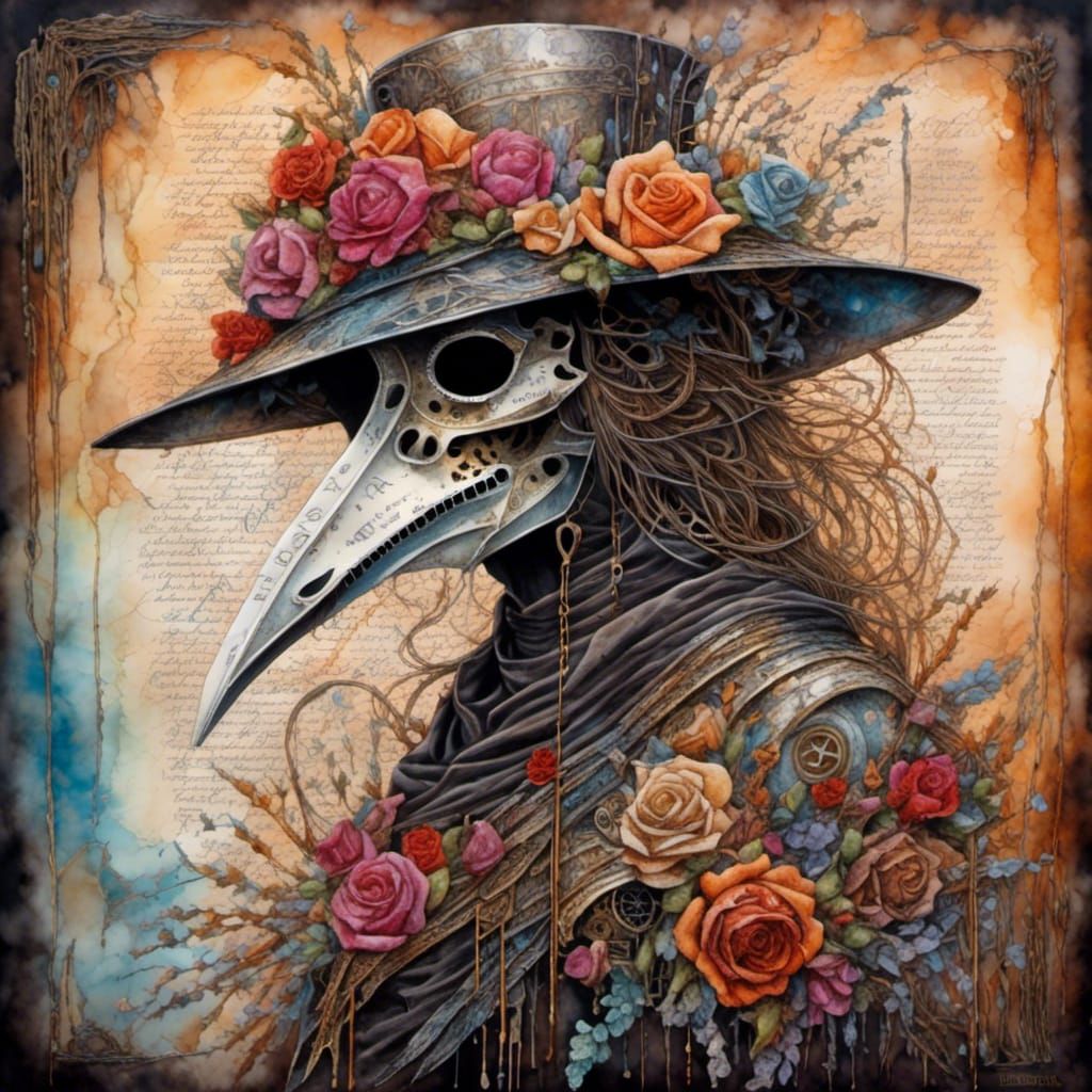 Steampunk Plague Doctor in Watercolor with Floral Accents