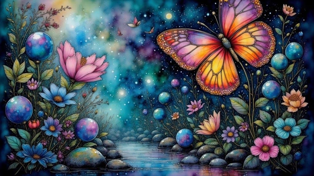 Surreal Cosmos Unfolds into Stained Glass Butterflies