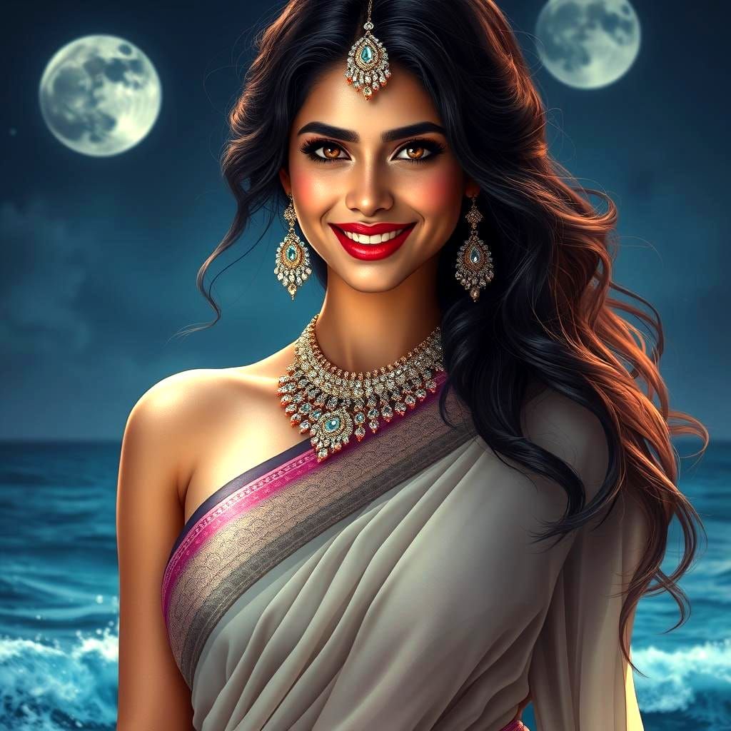 Indian Woman in Sari on Beach in Detailed Digital Art