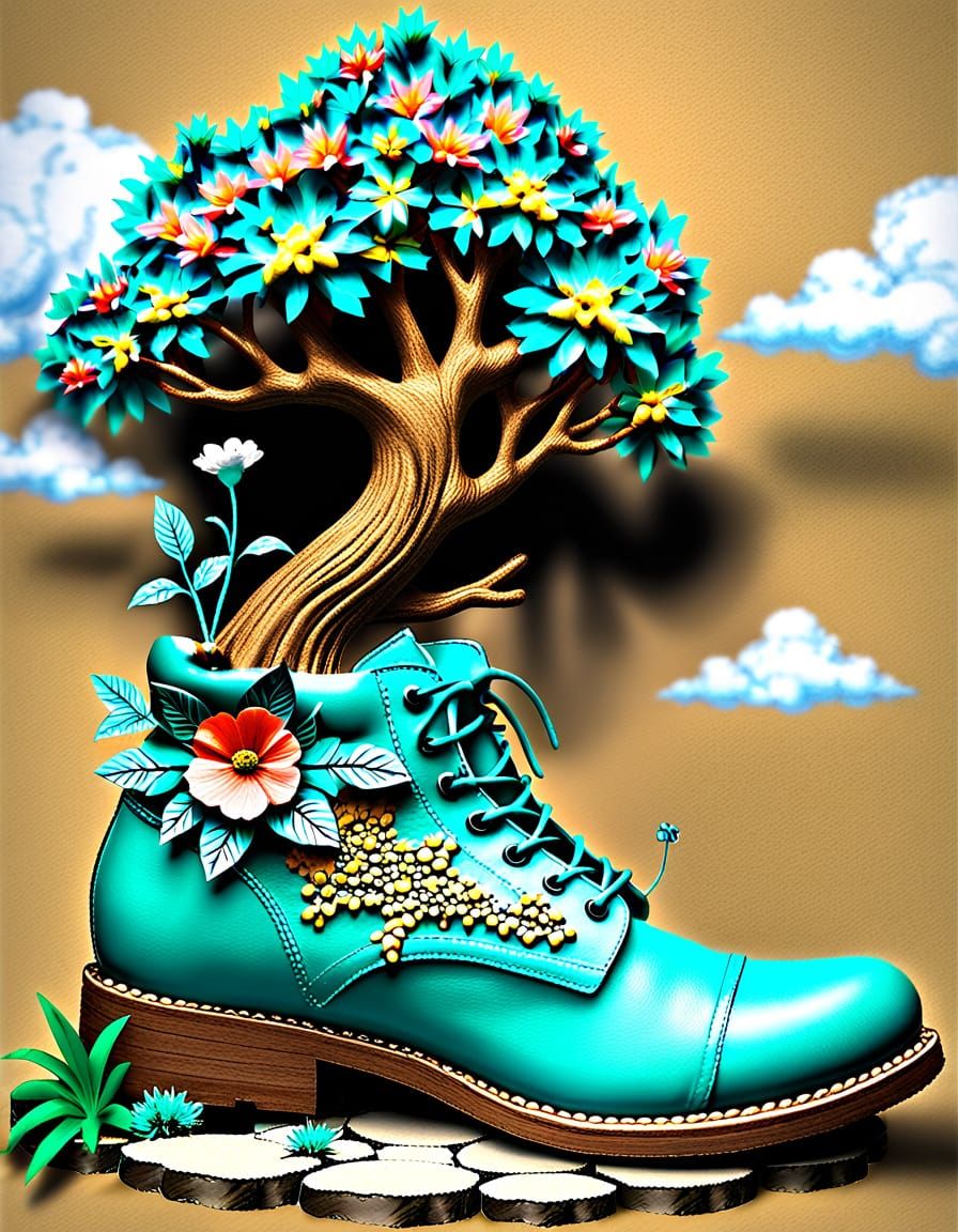 Surreal Shoe Forest with Colorful Flora