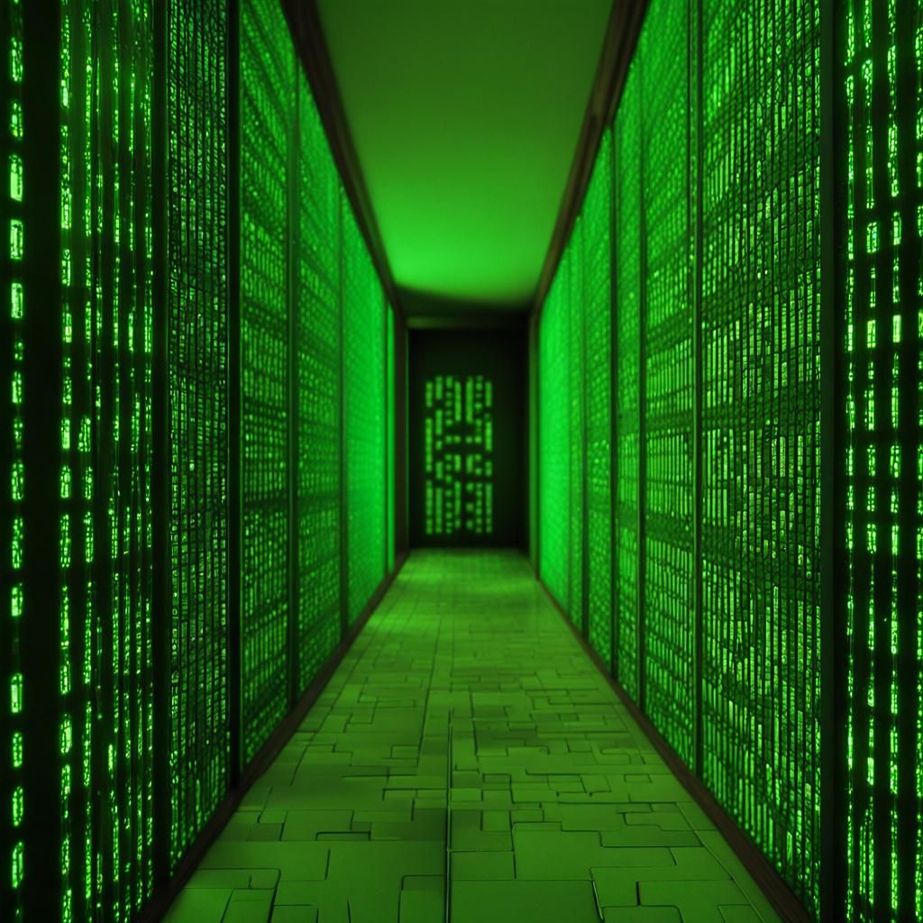 Binary Code Towers in a Digital Hallway