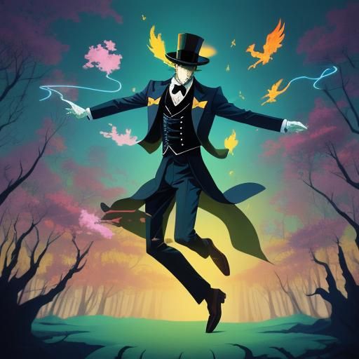 Magician with Phoenix in Anime Forest Scene
