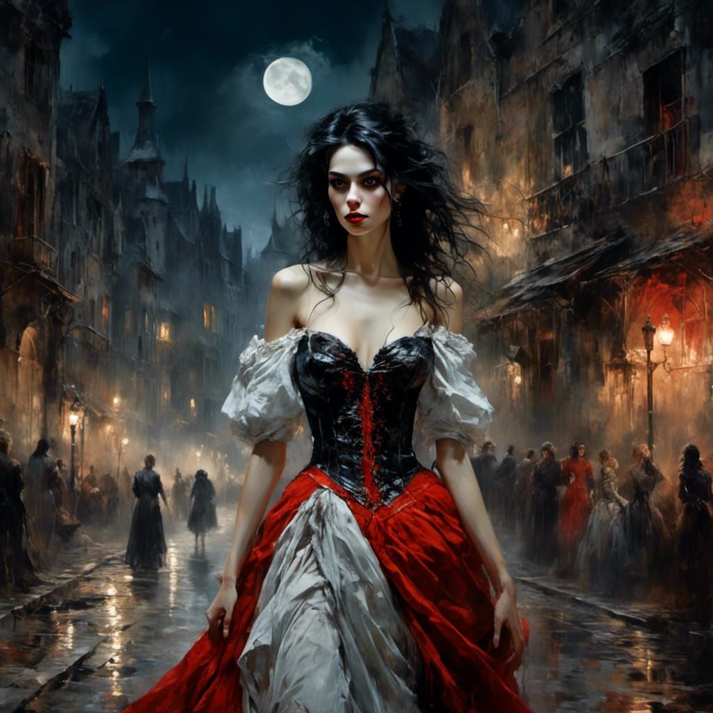 Female Vampire Portrait in Crowded Medieval Street