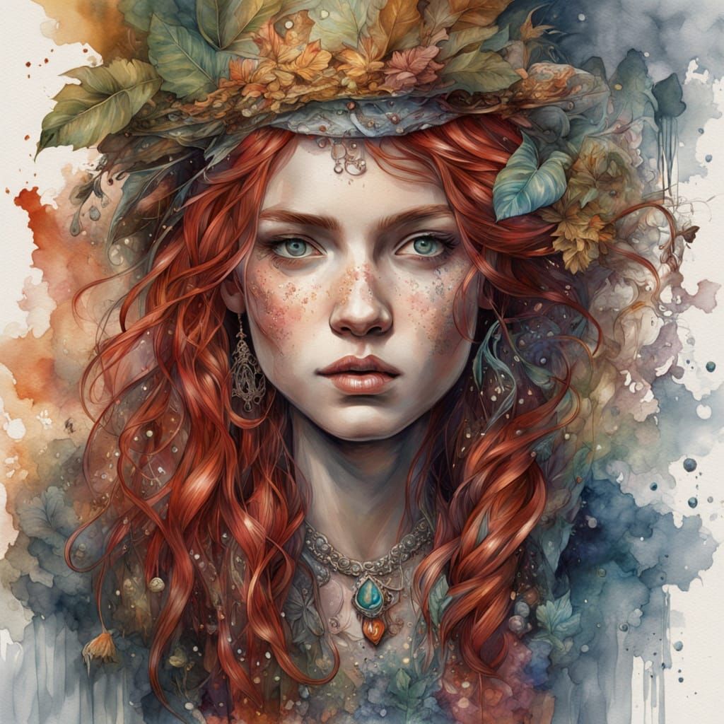 Watercolor River Witch Portrait in Fairytale Style