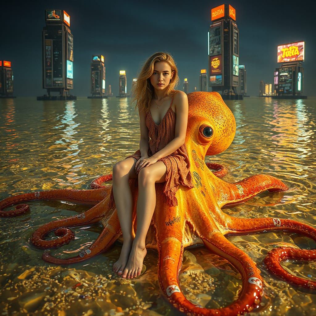 Luminous Bohemian Woman on Iridescent Squid
