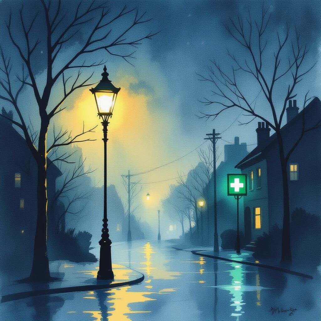 Street Lamp at Night in Watercolor Style