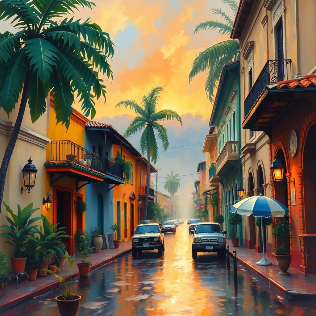 Impressionist Sunset Over a Colonial South American Town