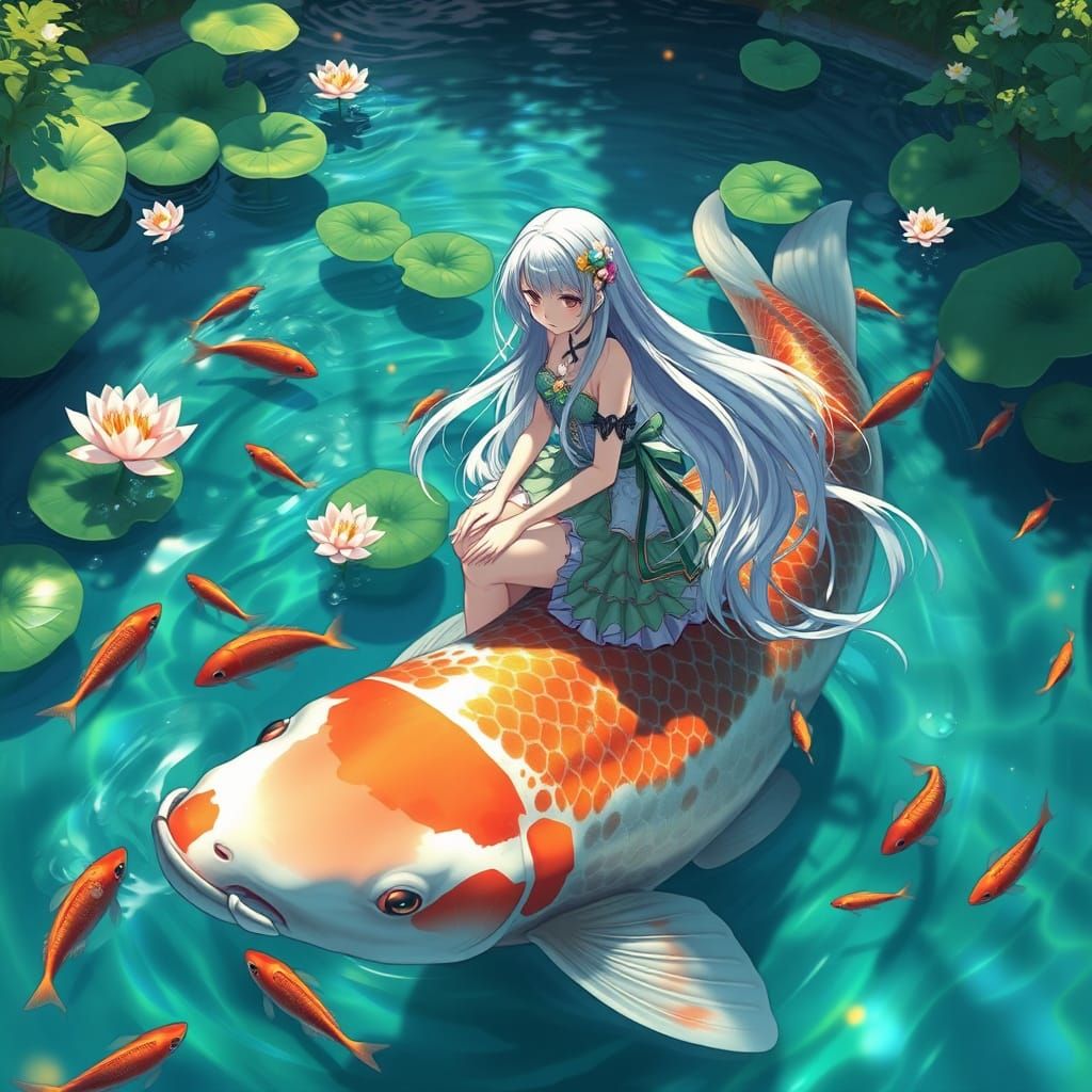Anime Girl on Koi Fish in Serene Pond