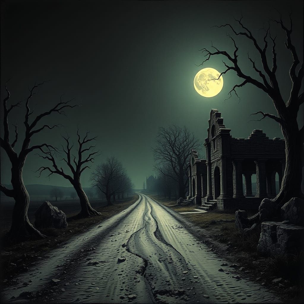 Eerie Moonlight Illuminates Road with Gothic Monster
