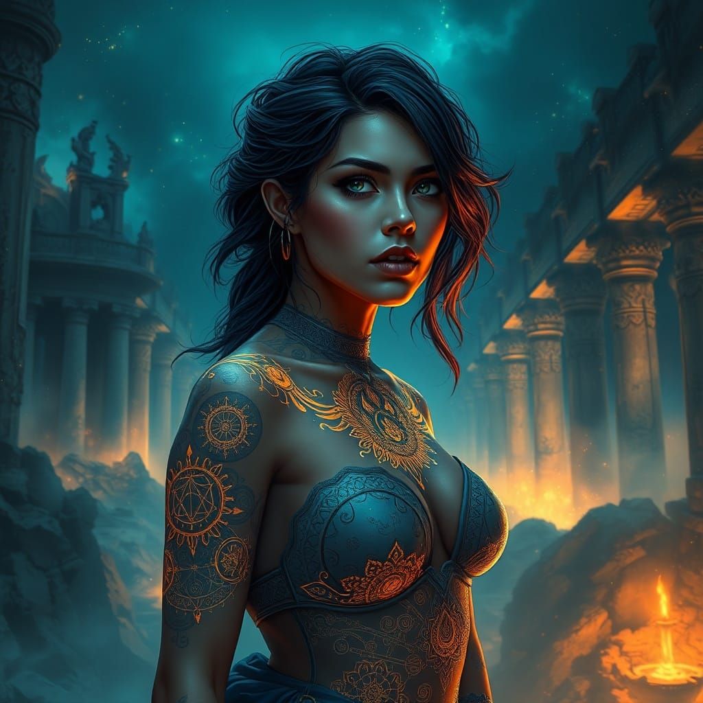 Woman with Celestial Tattoos in Ethereal Ruins