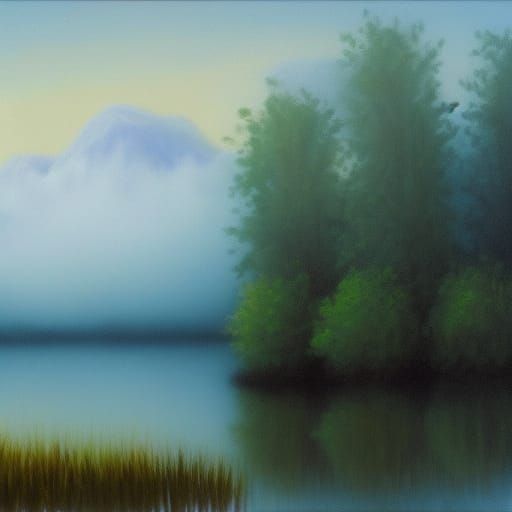 Serene Foggy Lake in Bob Ross Style