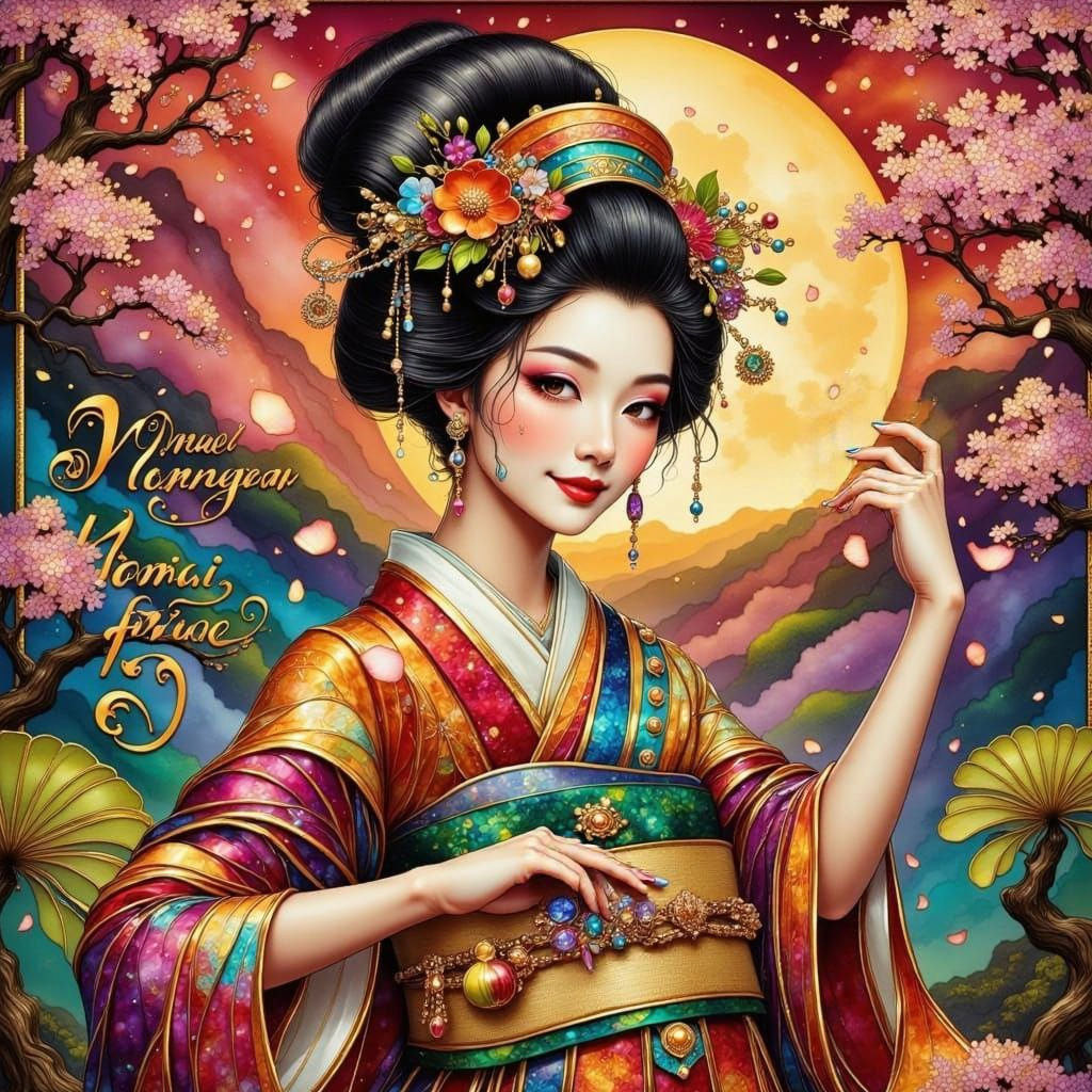 Vibrant Geisha in Pop Art Splendor with Cherry Blossoms